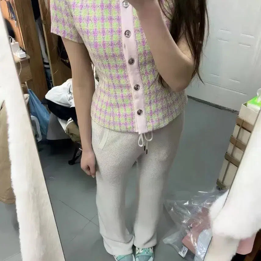 [BUNJANG] Tweed Check Short Sleeve Blouse - Pink / 트위드 체크 반팔 블라우스 핑크