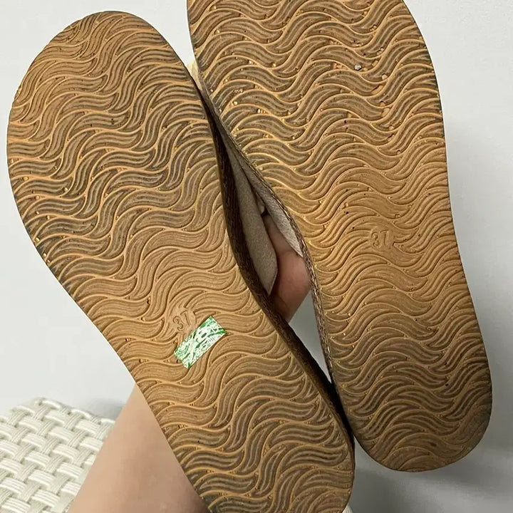 [BUNJANG] Beige Flower Platform Slippers / 베이지 플라워 통굽 슬리퍼