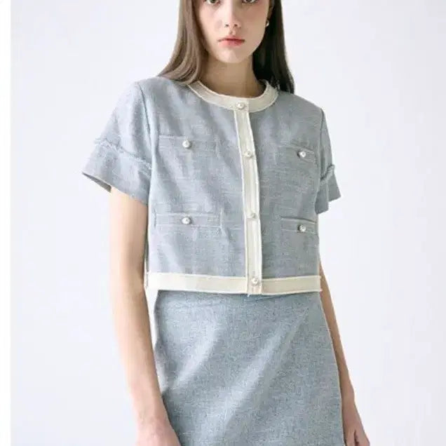[BUNJANG] Frontrow Tweed Crop Jacket Light Blue / 프론트로우 트위드 크롭 자켓 라이트 블루 44~55