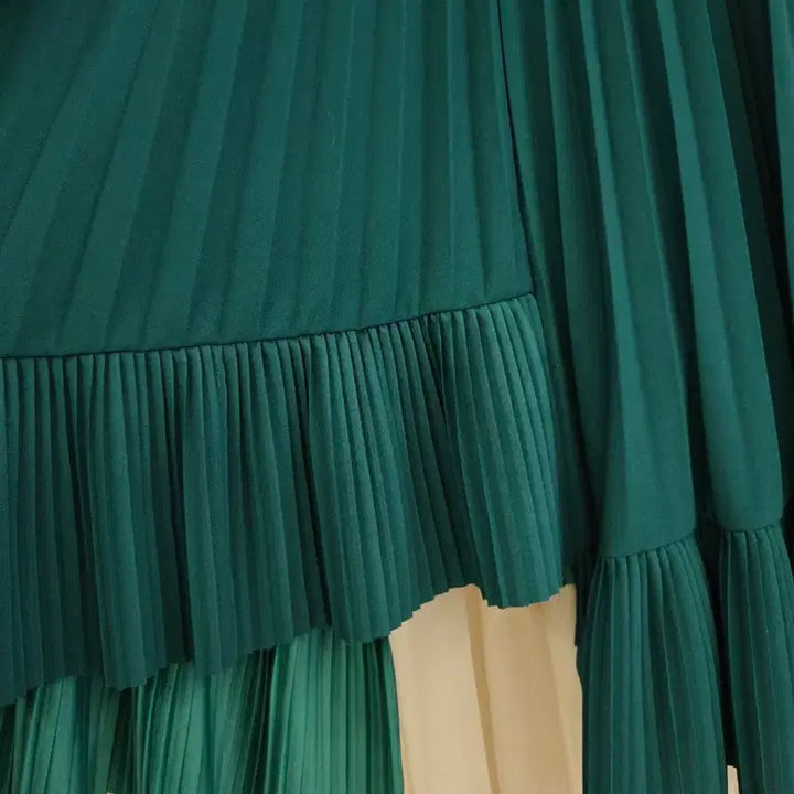 [BUNJANG] Asymmetrical Green Pleated Long Skirt / 언발란스 그린 플리츠 롱 스커트