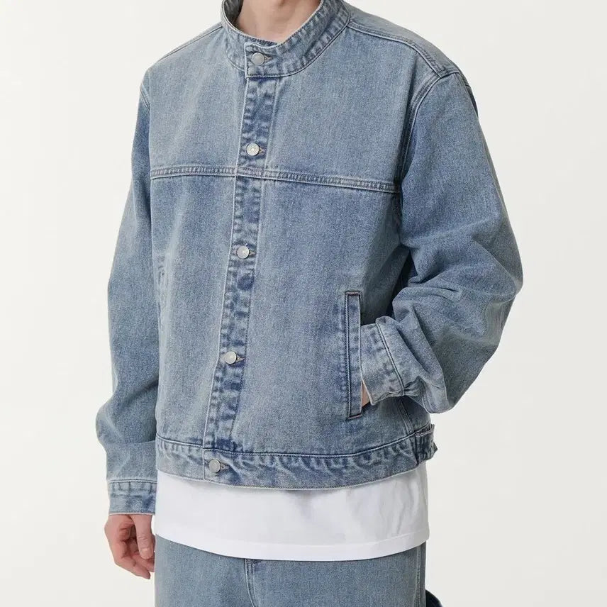 [BUNJANG] MUDIDI Relaxed Stand Collar Denim Trucker Jacket Light Indigo / 무탠다드 릴렉스드 스탠드 칼라 데님 트러커 재킷 판매합니다!