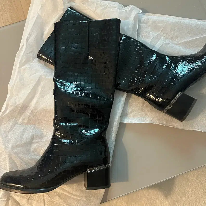 [BUNJANG] Black Crocodile Long Boots / 블랙 크로커다일 롱부츠