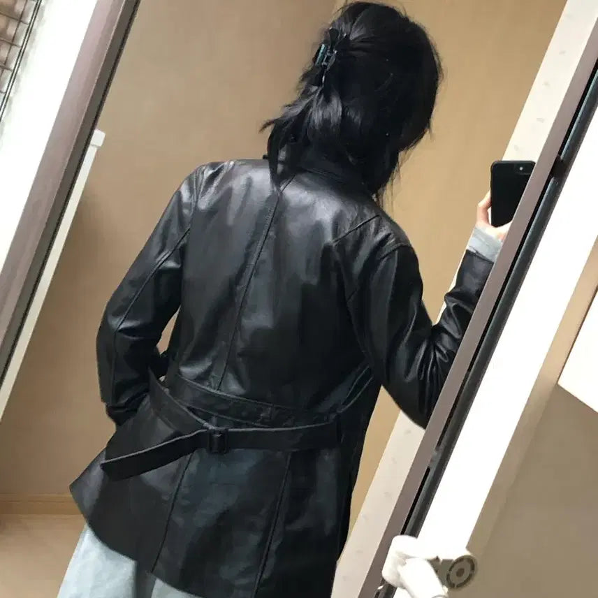 [BUNJANG] L Comme Ca Hidden Button Pigskin Leather Jacket with Belt - Vintage / L co mme ca ism 히든버튼 돼지가죽 자켓 벨트포함 일본빈티지