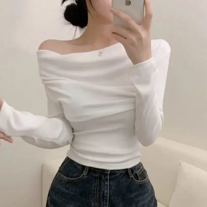 [BUNJANG] Drape Off Shoulder Top / 드레이프 오프숄더