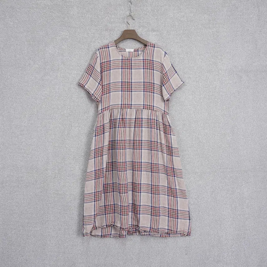 [SOLD OUT] 알로하 체크 린넨 핑크 반팔 원피스 free