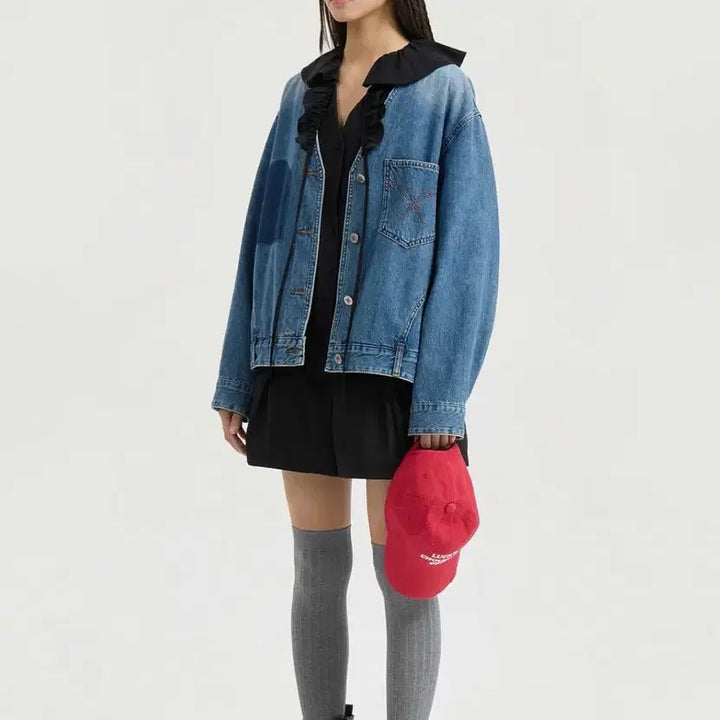 [SOLD OUT] (새상품) 럭키슈에뜨 V넥 오버사이즈 데님 자켓 38