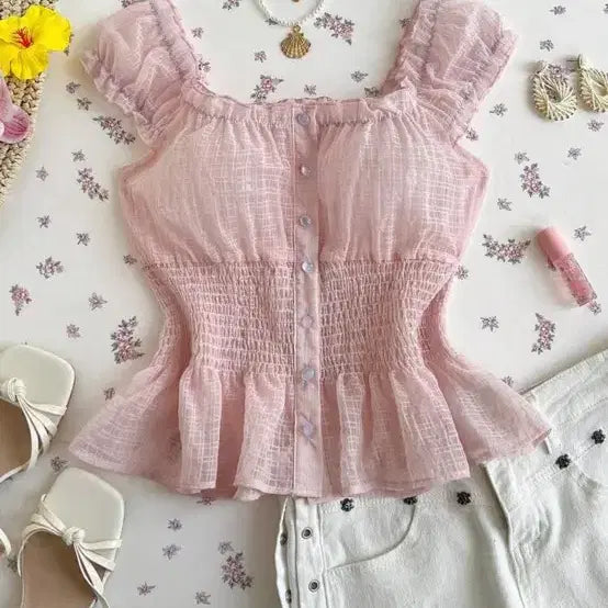 [BUNJANG] Pink See-through Puff Blouse / 핑크 시스루 퍼프 블라우스 히메갸루 모리걸