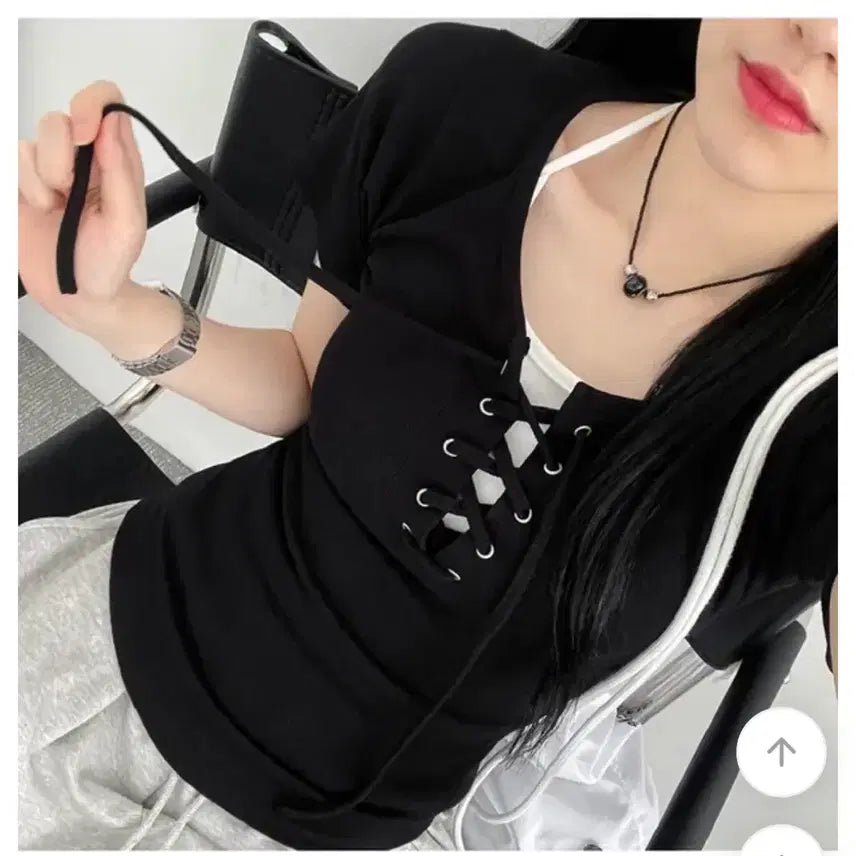 [BUNJANG] A-line Short Sleeve Top / 아일렛 포인트 반팔 티셔츠 통통 44~66 상의 리본끈 에이블리