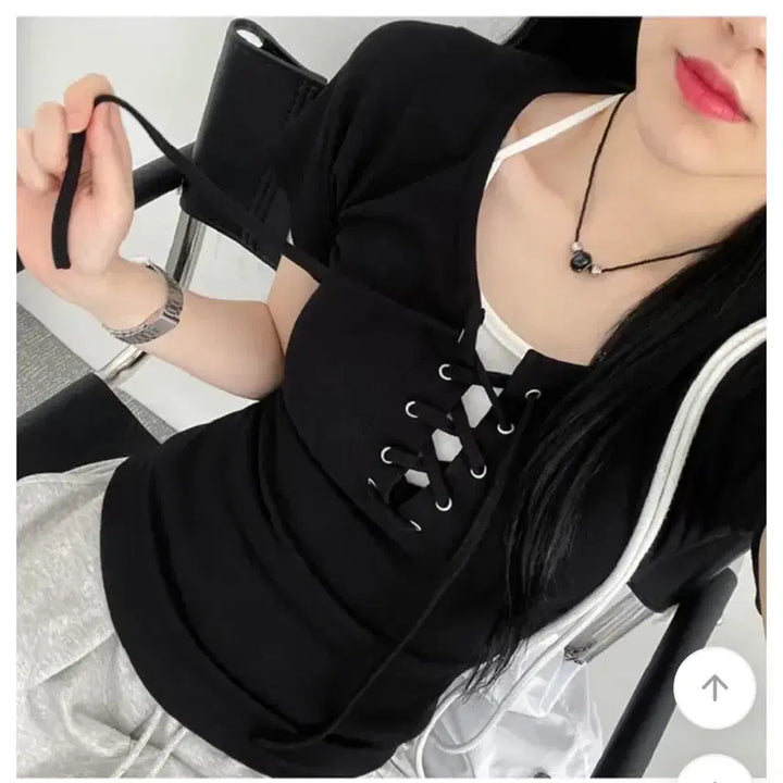 [BUNJANG] A-line Short Sleeve Top / 아일렛 포인트 반팔 티셔츠 통통 44~66 상의 리본끈 에이블리