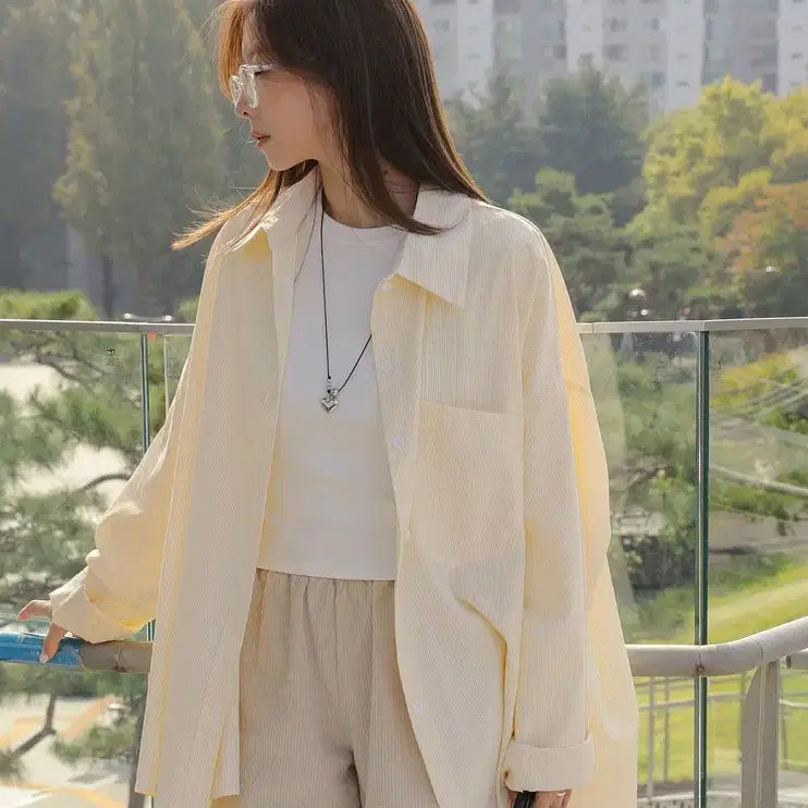 [BUNJANG] Striped Shirt Yellow Lemon Oversized Fit / 스트라이프 셔츠 옐로우 레몬 오버핏 오버사이즈