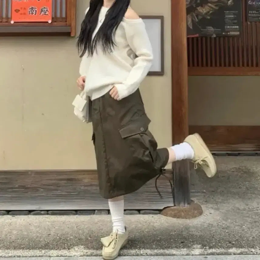 [BUNJANG] One Shoulder Knit Cargo Skirt Set / 코디셋 팔아요