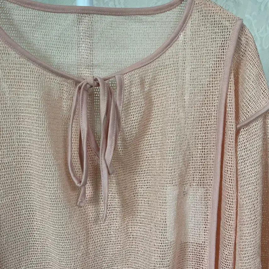 [BUNJANG] Pink See-Through Long Sleeve Blouse / 핑크 시스루 긴팔 블라우스