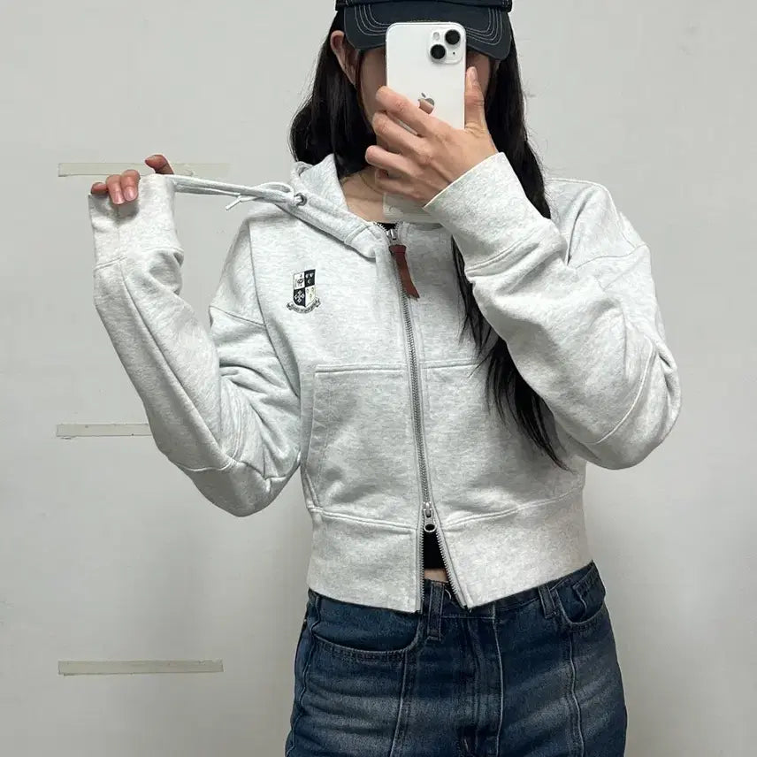 [BUNJANG] Marithe Francois Girbaud Emblem Logo Crop Hoodie Heather Grey / 마리떼 프랑소와 저버 엠블럼 로고 크롭 후드집업 헤더그레이