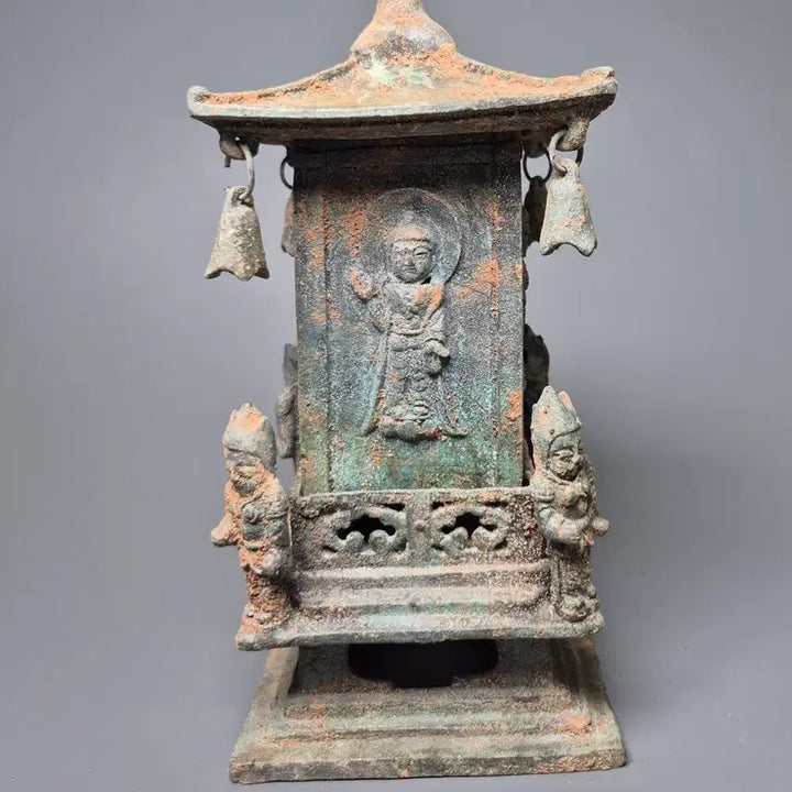[BUNJANG] Bronze Four-Direction Buddha Pagoda-Style Reliquary / 청동제 사방불 누각식 사리함 출토품 골동품 고미술품 수집품 불교