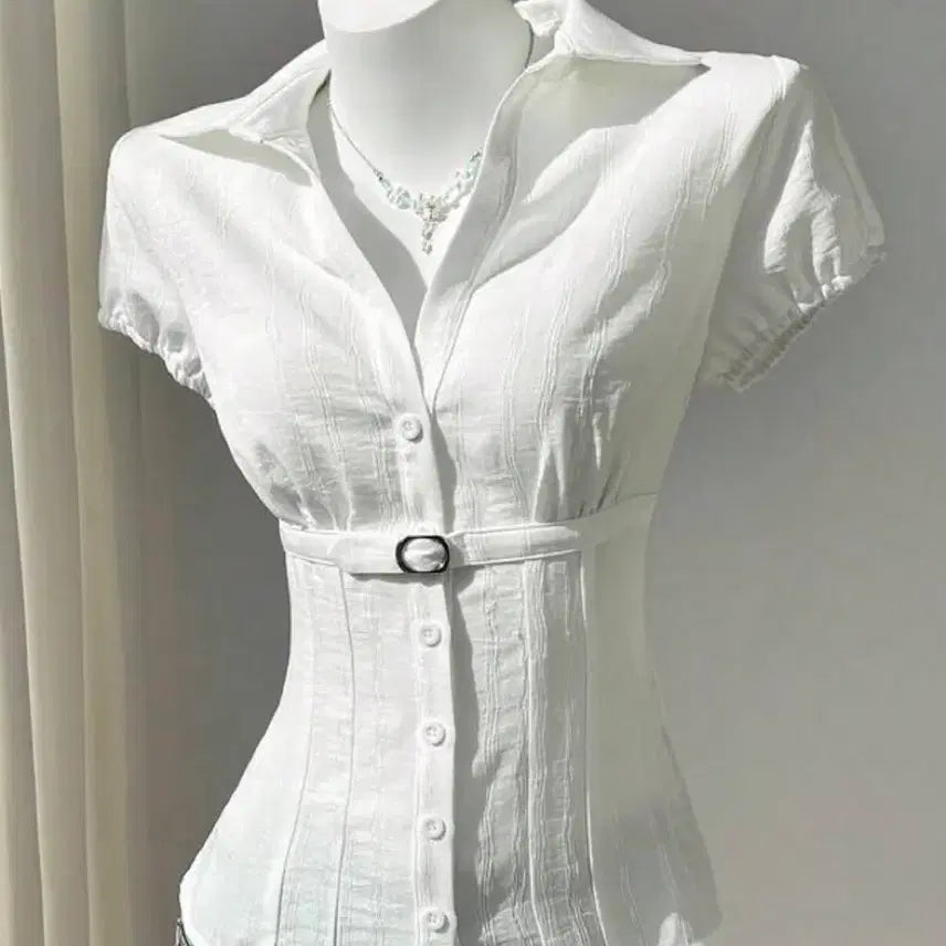 [SOLD OUT] 화이트 벨트 반팔 블라우스