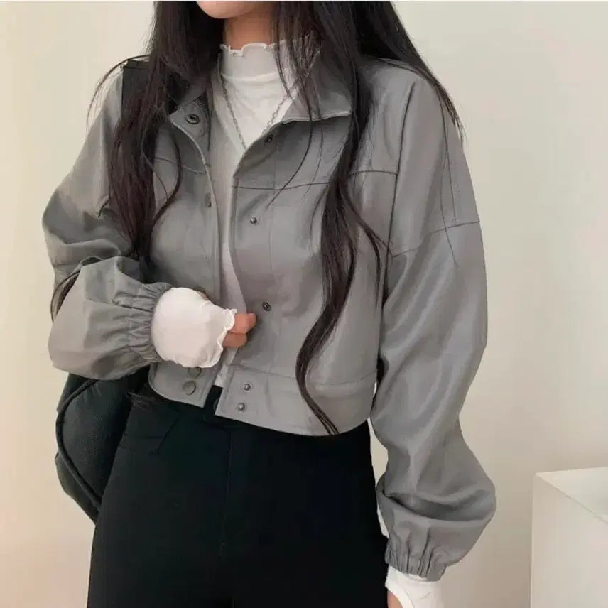 [BUNJANG] Dark Grey Cropped Leather Jacket / 크롭 가죽자켓 다크그레이