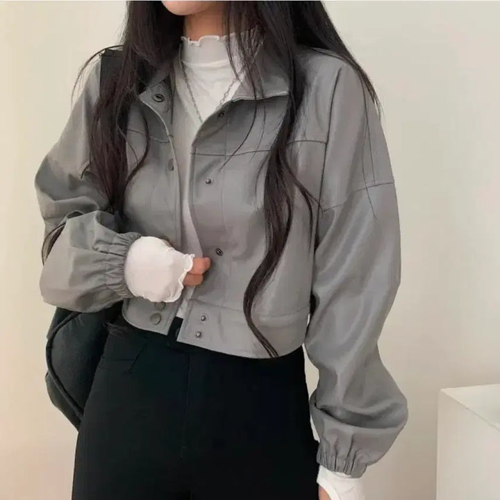 [BUNJANG] Dark Grey Cropped Leather Jacket / 크롭 가죽자켓 다크그레이