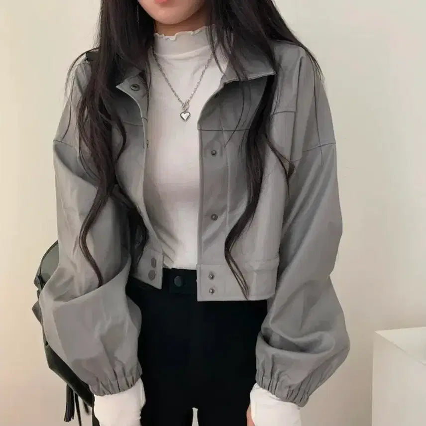 [BUNJANG] Dark Grey Cropped Leather Jacket / 크롭 가죽자켓 다크그레이