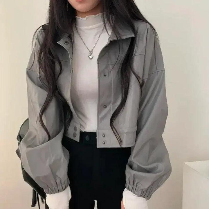 [BUNJANG] Dark Grey Cropped Leather Jacket / 크롭 가죽자켓 다크그레이