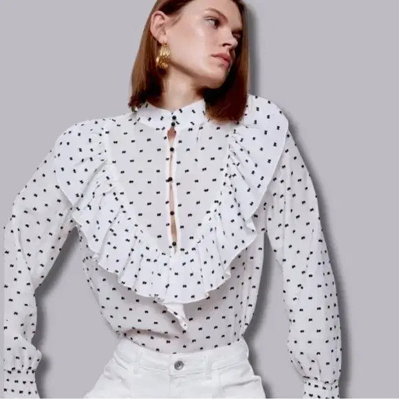[BUNJANG] ZARA White Dot Frill Blouse / 새상품 ZARA 자라 화이트 도트 프릴 블라우스