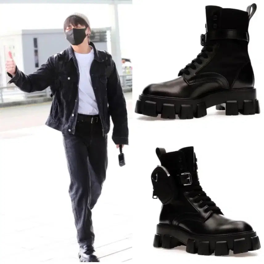 [BUNJANG] Prada Monolith Brushed Leather and Nylon Boots - Black - Size 9.5 / 프라다 모놀리스 브러쉬드 레더 앤 나일론 부츠 블랙 방탄소년단 정국 착용