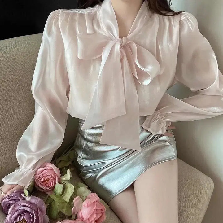 [BUNJANG] Elegance Ribbon Tie See-through Blouse - Pink / [당일발송] 엘레강스 리본 타이 시스루 블라우스 핑크