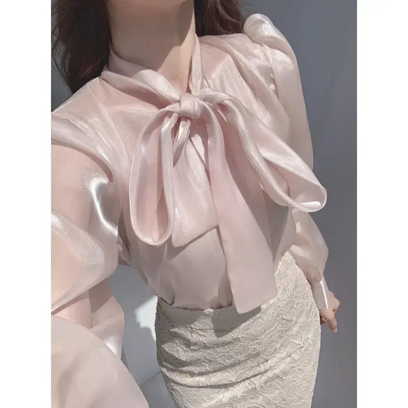 [BUNJANG] Elegance Ribbon Tie Sheer Blouse - Pink / [새상품/*빠른배송*] 엘레강스 리본 타이 시스루 블라우스 핑크