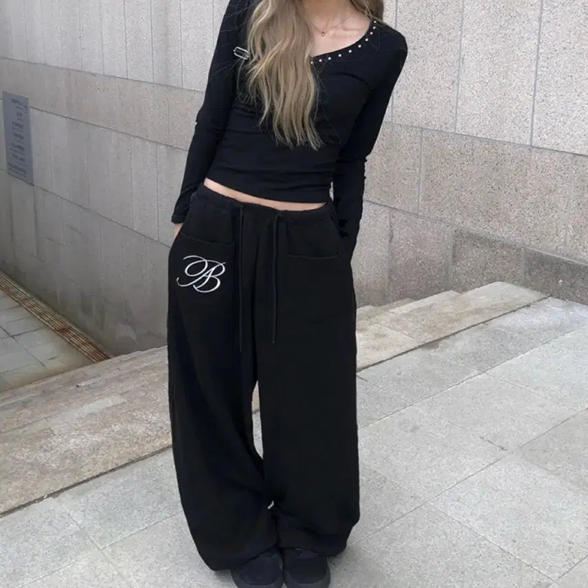 [SOLD OUT] 애니원모어 스트링 와이드 트레이닝 팬츠 바지 블랙 에이블리 지그재그
