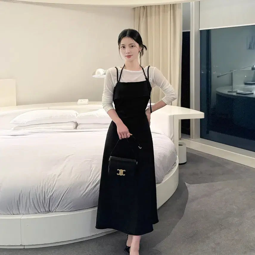 [BUNJANG] Black Halter Neck Layered Long Dress / 홀터넥 레이어드 롱 원피스 블랙 하객룩 여성