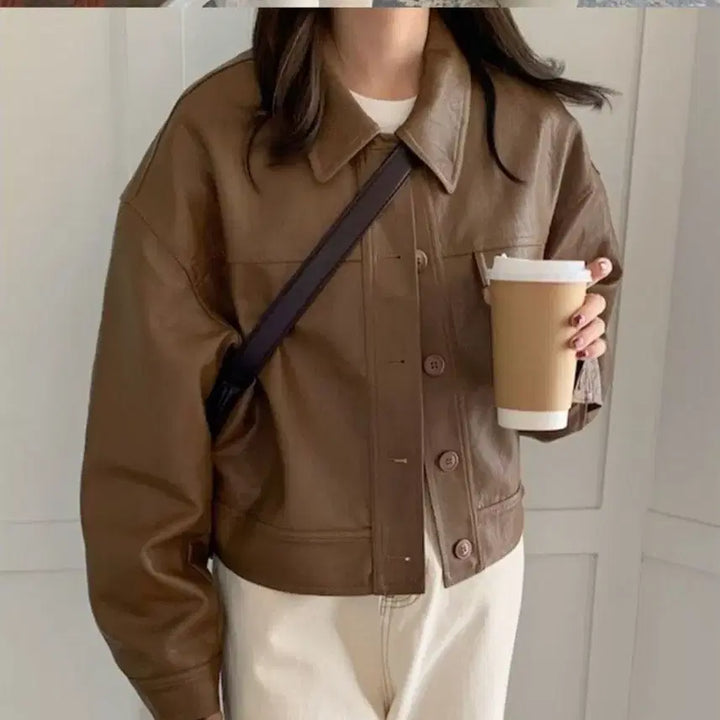 [BUNJANG] Brown Leather Crop Jacket / 브라운 레더 크롭 자켓