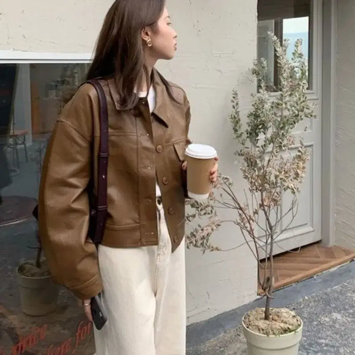 [BUNJANG] Brown Leather Crop Jacket / 브라운 레더 크롭 자켓