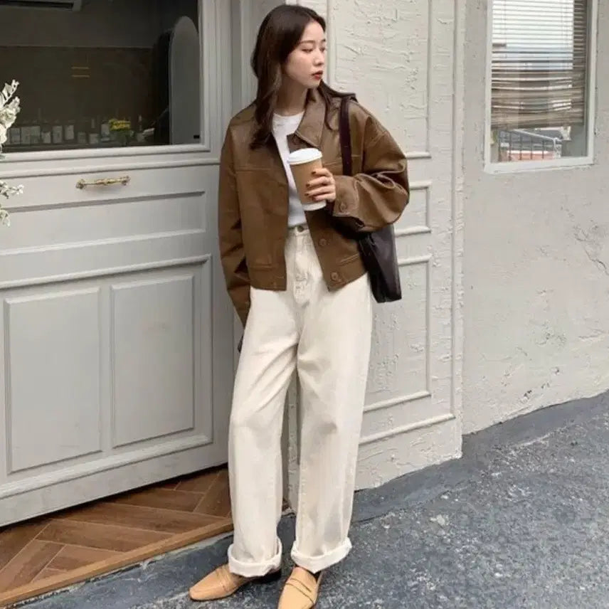 [BUNJANG] Brown Leather Crop Jacket / 브라운 레더 크롭 자켓
