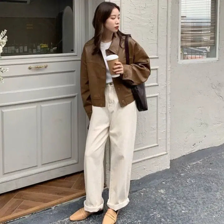 [BUNJANG] Brown Leather Crop Jacket / 브라운 레더 크롭 자켓
