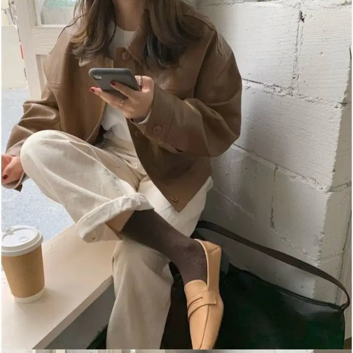 [BUNJANG] Brown Leather Crop Jacket / 브라운 레더 크롭 자켓