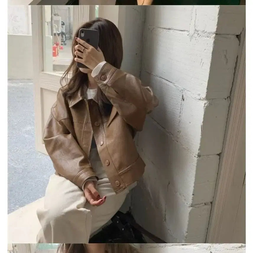 [BUNJANG] Brown Leather Crop Jacket / 브라운 레더 크롭 자켓