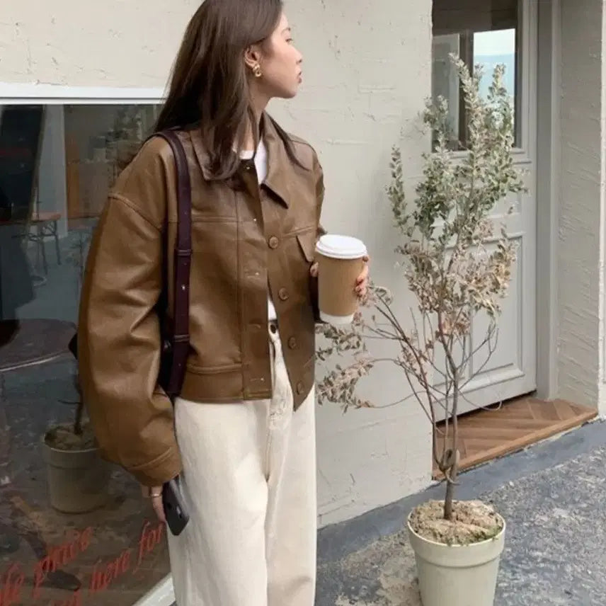 [BUNJANG] Brown Leather Crop Jacket / 브라운 레더 크롭 자켓