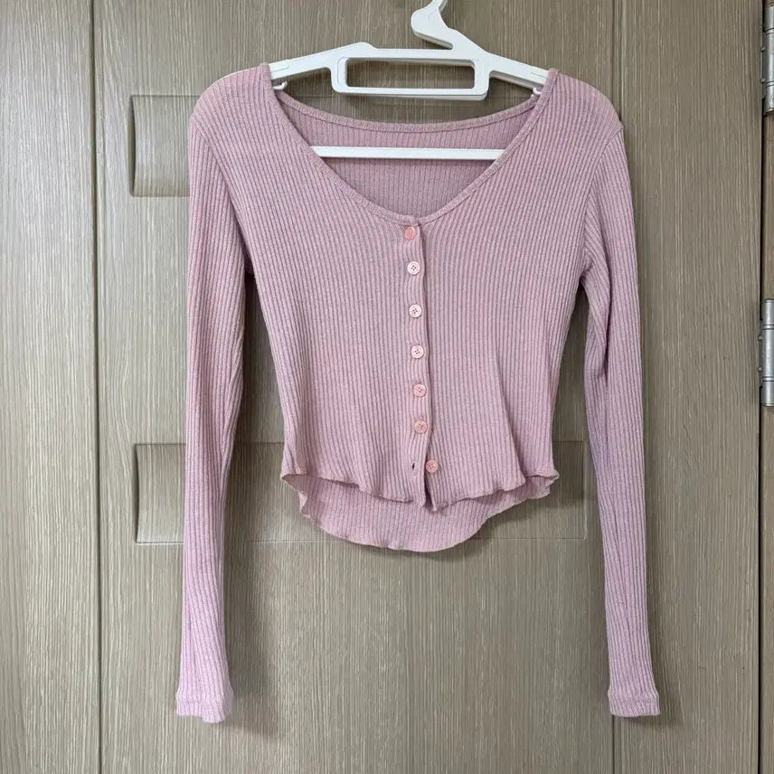 [BUNJANG] Pink Ribbed Long Sleeve Cardigan / 핑크 골지 긴팔 굴림 가디건