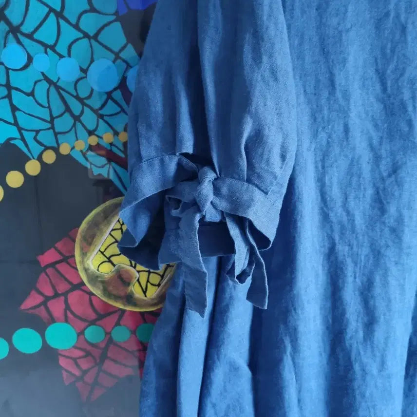 [BUNJANG] Blue Ribbon Linen Blouse / 블루 리본 매듭 린넨 마  블라우스 66~77