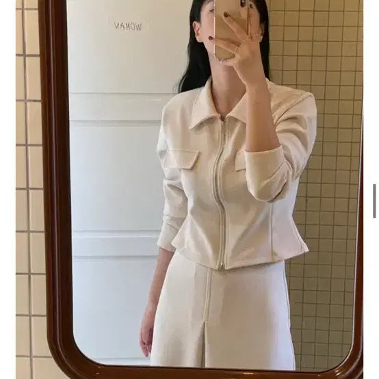 [BUNJANG] Jeongham Ollyline Ivory Two-Piece Set / 정함 올리라인 아이보리 셋업 투피스 (지퍼 자켓 롱스커트)