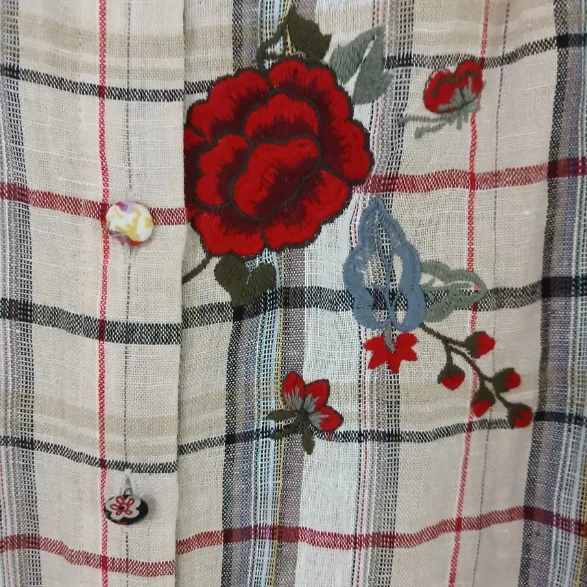 [SOLD OUT] 비꼴리끄 체크 플라워 자수 롱 셔츠