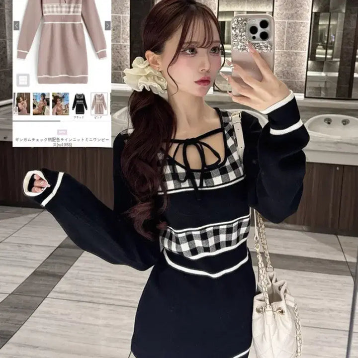 [SOLD OUT] 그레일 grl 리본깅엄체크 리본 니트 미니 원피스 L블랙 스나계 에블린