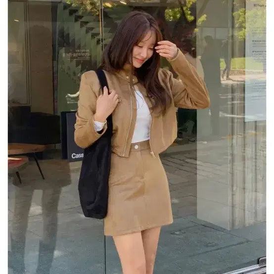 [BUNJANG] Deodagyeo Suede Cropped Jacket and Mini Skirt Set / 떳다그녀 스웨이드 자켓 미니스커트 셋업 (브라운 )