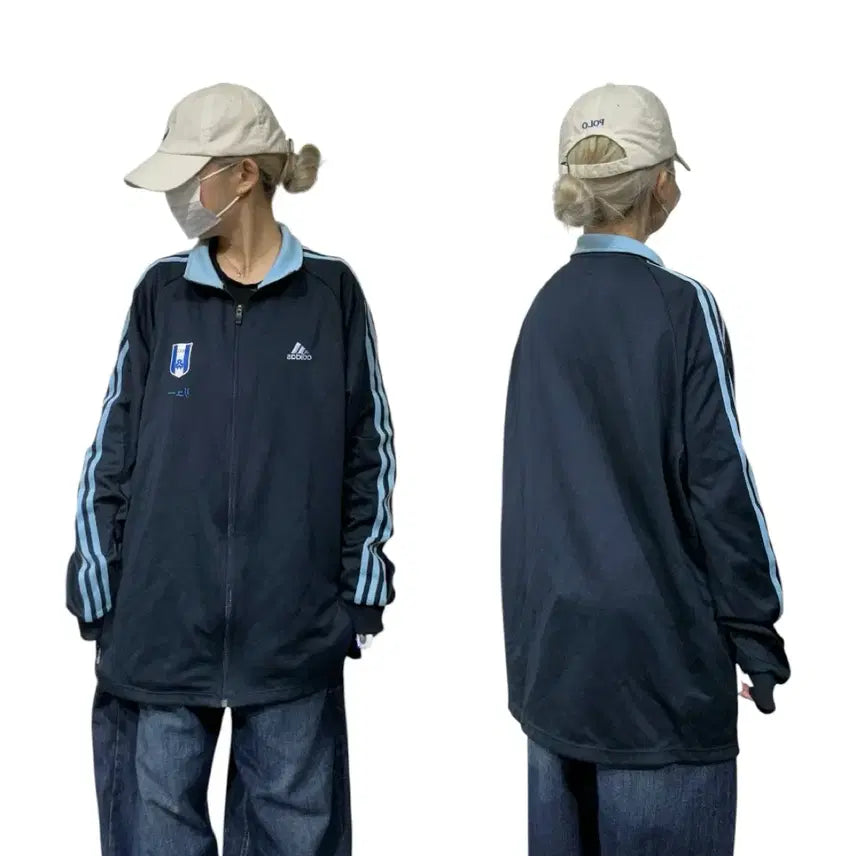 [SOLD OUT] 아디다스 네이비 스카이 블루 삼선 오버핏 올드스쿨 트랙탑 져지 2XL