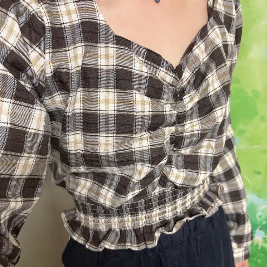 [BUNJANG] Vintage Style Brown Check Crop Blouse / 빈티지 스타일 체크 크롭 블라우스 (새상품)