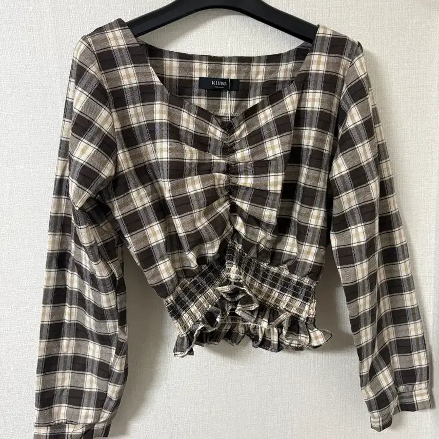 [BUNJANG] Vintage Style Brown Check Crop Blouse / 빈티지 스타일 체크 크롭 블라우스 (새상품)