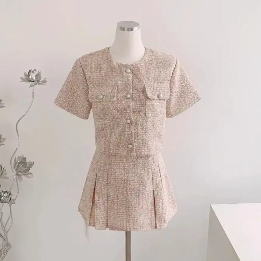 [BUNJANG] Pink Tweed Two-Piece Set / 핑크 트위드 반팔 투피스 세트