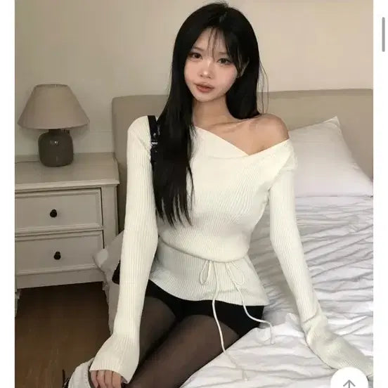 [BUNJANG] Choker Ribbed Long Sleeve Knit Top / 허리끈 초커 골지 긴팔 니트