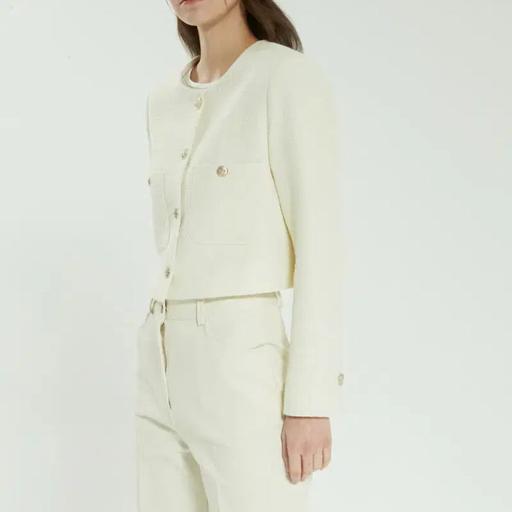 [BUNJANG] Stay People Cropped Tweed Jacket - Ivory / 23년 스테이피플 크롭 트위드 자켓 아이보리노카라라운드넥금장하객룩오피스룩