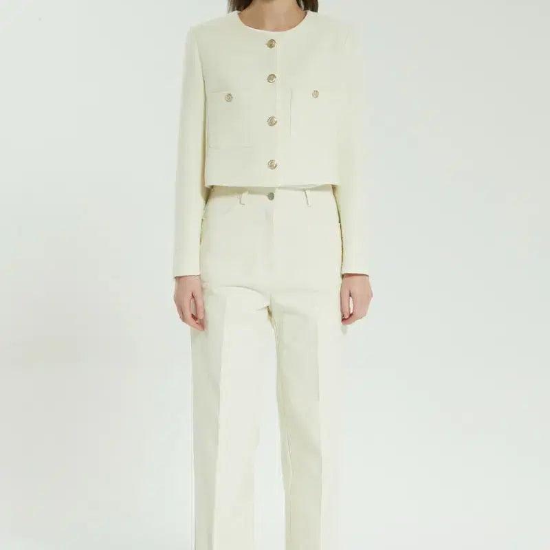 [BUNJANG] Stay People Cropped Tweed Jacket - Ivory / 23년 스테이피플 크롭 트위드 자켓 아이보리노카라라운드넥금장하객룩오피스룩