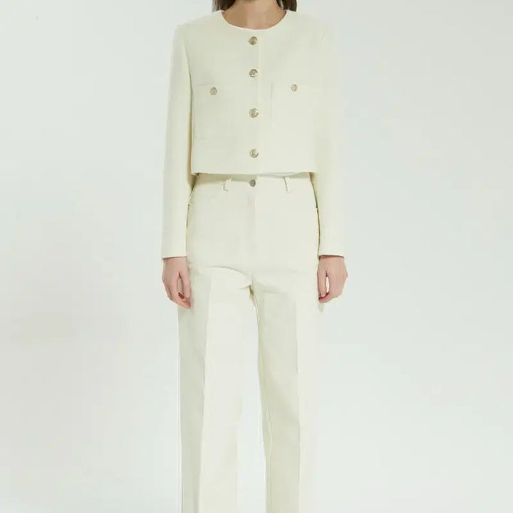 [BUNJANG] Stay People Cropped Tweed Jacket - Ivory / 23년 스테이피플 크롭 트위드 자켓 아이보리노카라라운드넥금장하객룩오피스룩